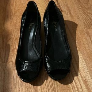Cole haan black patent peep toe wedges